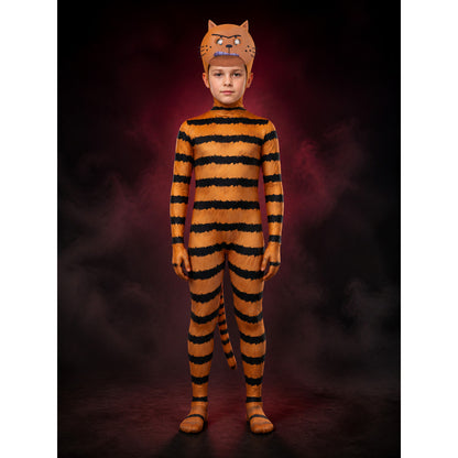 Kids Pet Cat Costume, Orange Black Striped Jumpsuit with Mask, Halloween Cosplay main product view