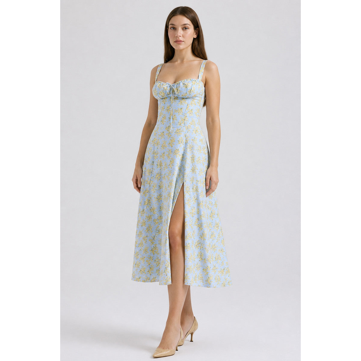 Midi Dress with Thin Straps and Front Slit