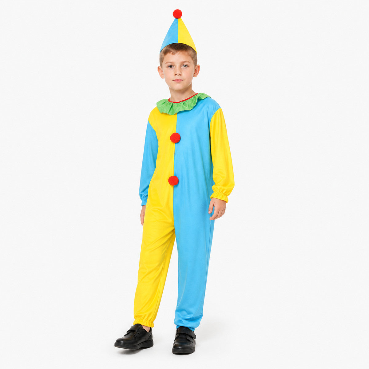 Clown Jumpsuit with Pointed Hat, Red Pom-Poms, and Ruffle Costume Headwear detail