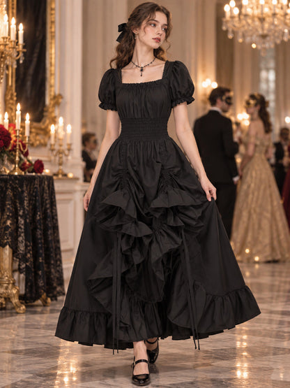Black Square-Neck Dress with Puff Sleeves