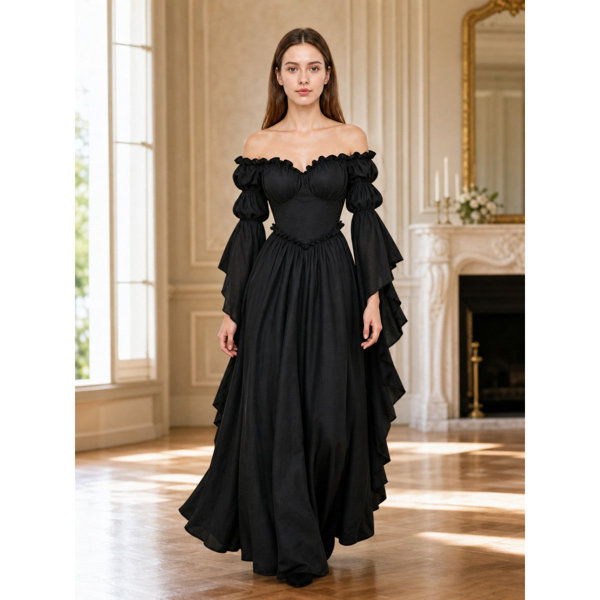 Black Long Gothic Vintage-Style Dress lifestyle view