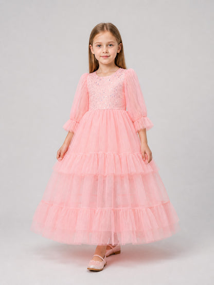 Pink Sequined Dress with a Full Skirt and Ruffles Costume Dresses detail