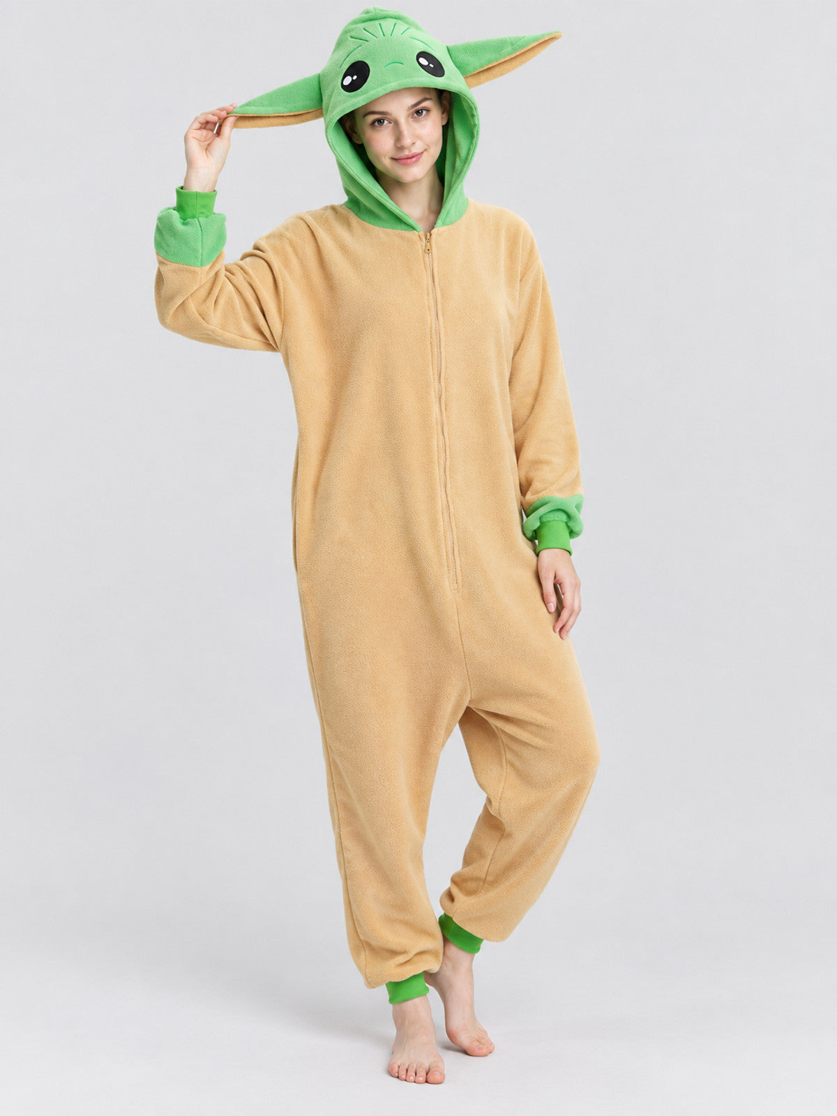 Flannel Pajama Jumpsuit with Green Hood