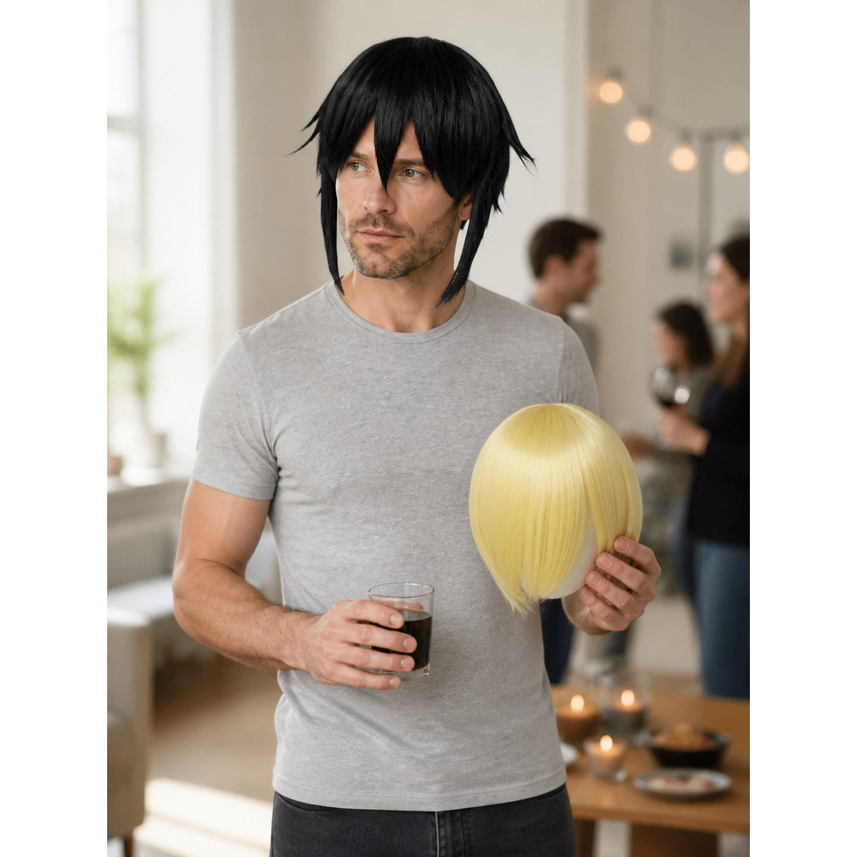Short Cosplay Wig, Black or Gold lifestyle view