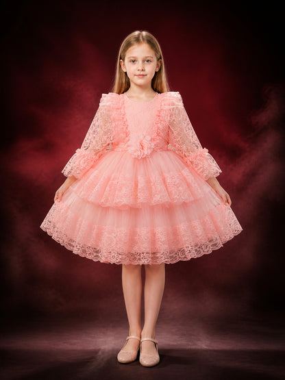Girls' Pink Princess Dress, Long Sleeve Layered Tulle Party Gown with Flower main product view