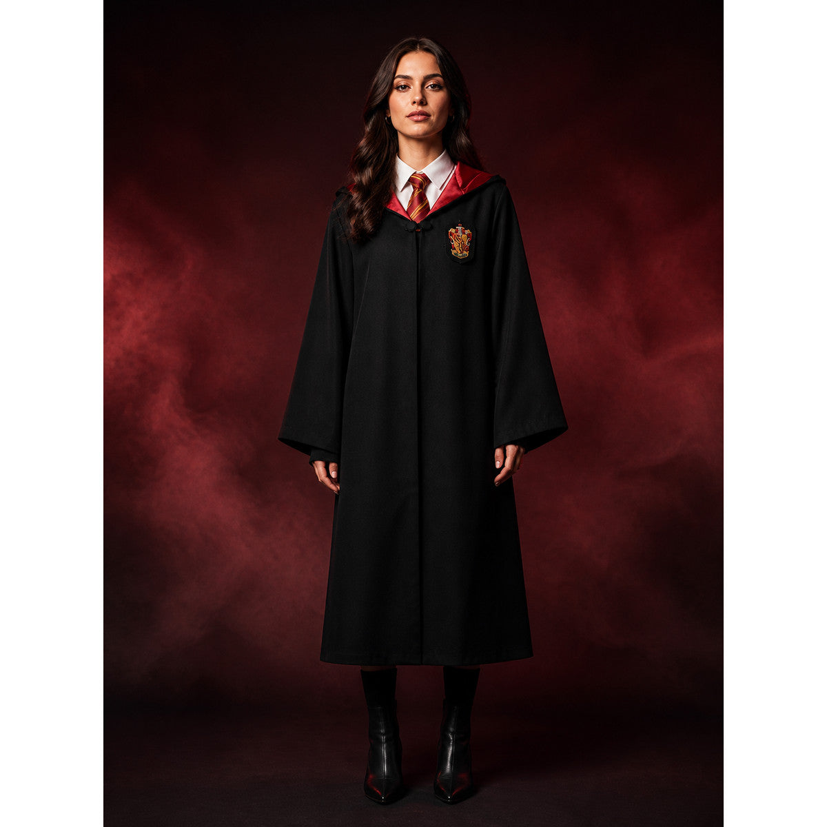 Wizard Robe Costume Set, Hooded Long Cape with School Crest and Red Gold Striped main product view