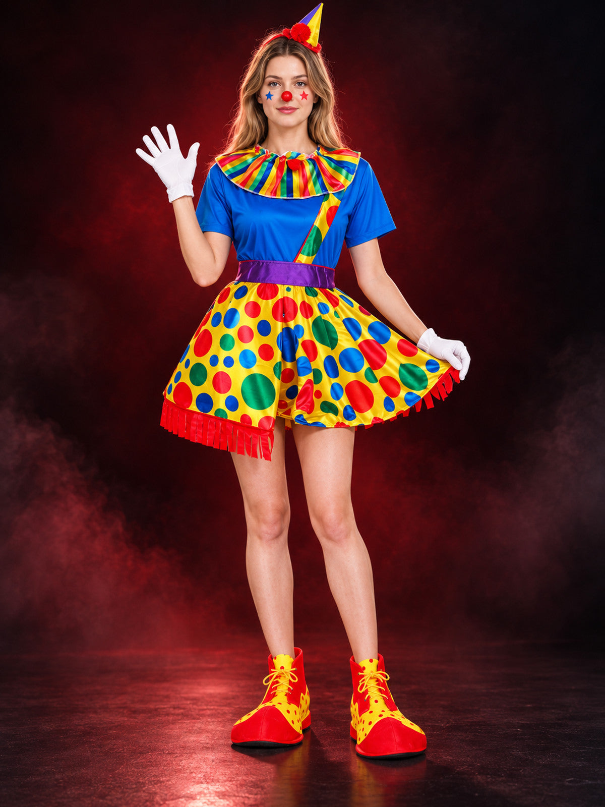 Clown Costume with Colorful Skirt, Rainbow Collar, and Belt