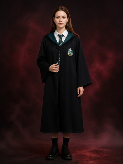 Slytherin Wizard Robe Costume Set with Tie, Hooded Halloween Outfit main product view