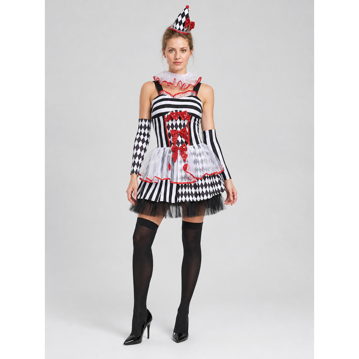 Circus-Style Clown Costume with Bows for Halloween Costumes detail