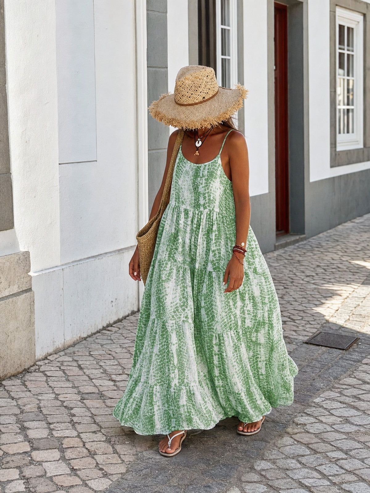 Women's Long Dress with Spaghetti Straps, Green and White