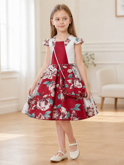 Burgundy Princess Dress with Floral Print and Handbag lifestyle view