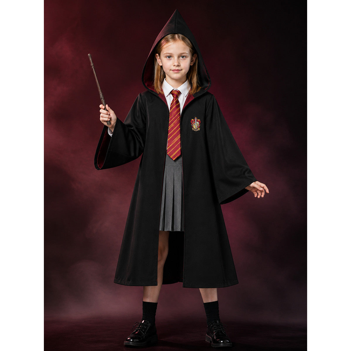 Wizard Academy Costume Set with Hooded Robe, Shirt, Pleated Skirt, Tie and Wand main product view