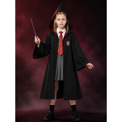 Wizard Academy Costume Set with Hooded Robe, Shirt, Pleated Skirt, Tie and Wand main product view
