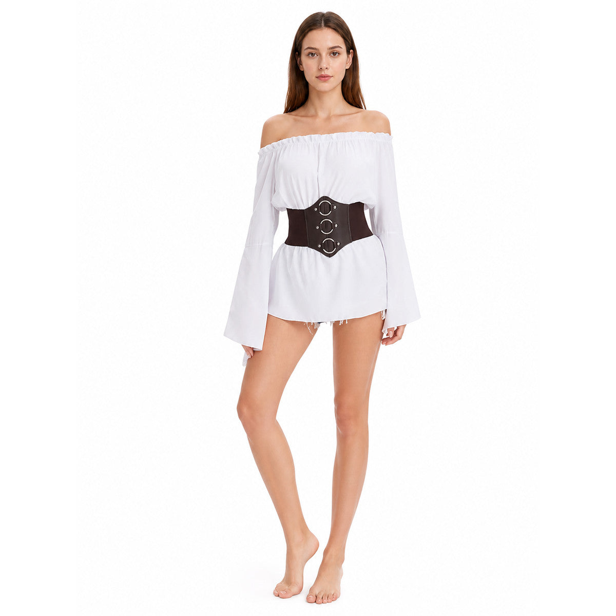 White Blouse with Flared Sleeves and Corset Belt