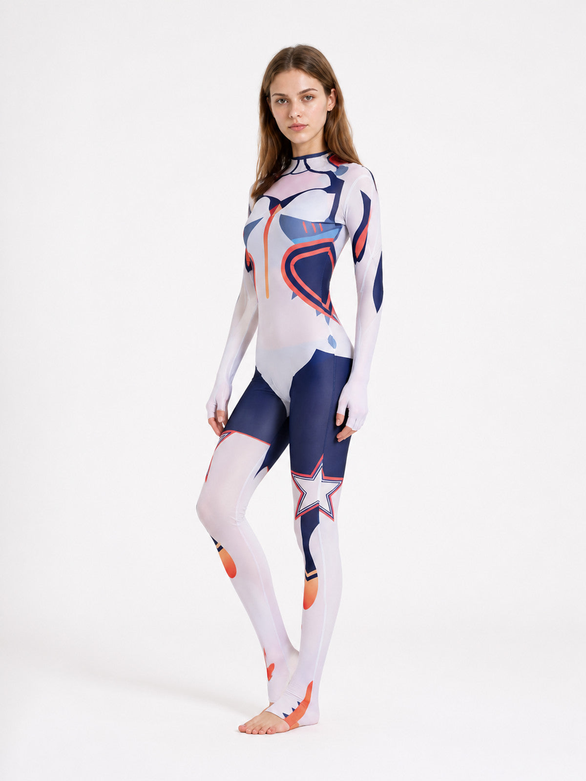Form-Fitting Jumpsuit with High Collar and Star Print