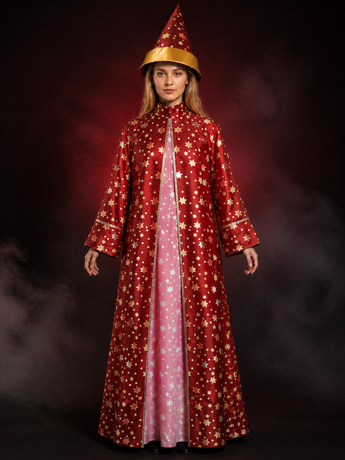 Red Star-Printed Witch Costume Set, Long Robe And Pointed Hat Halloween Outfit