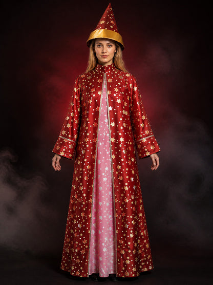 Red Star-Printed Witch Costume Set, Long Robe And Pointed Hat Halloween Outfit
