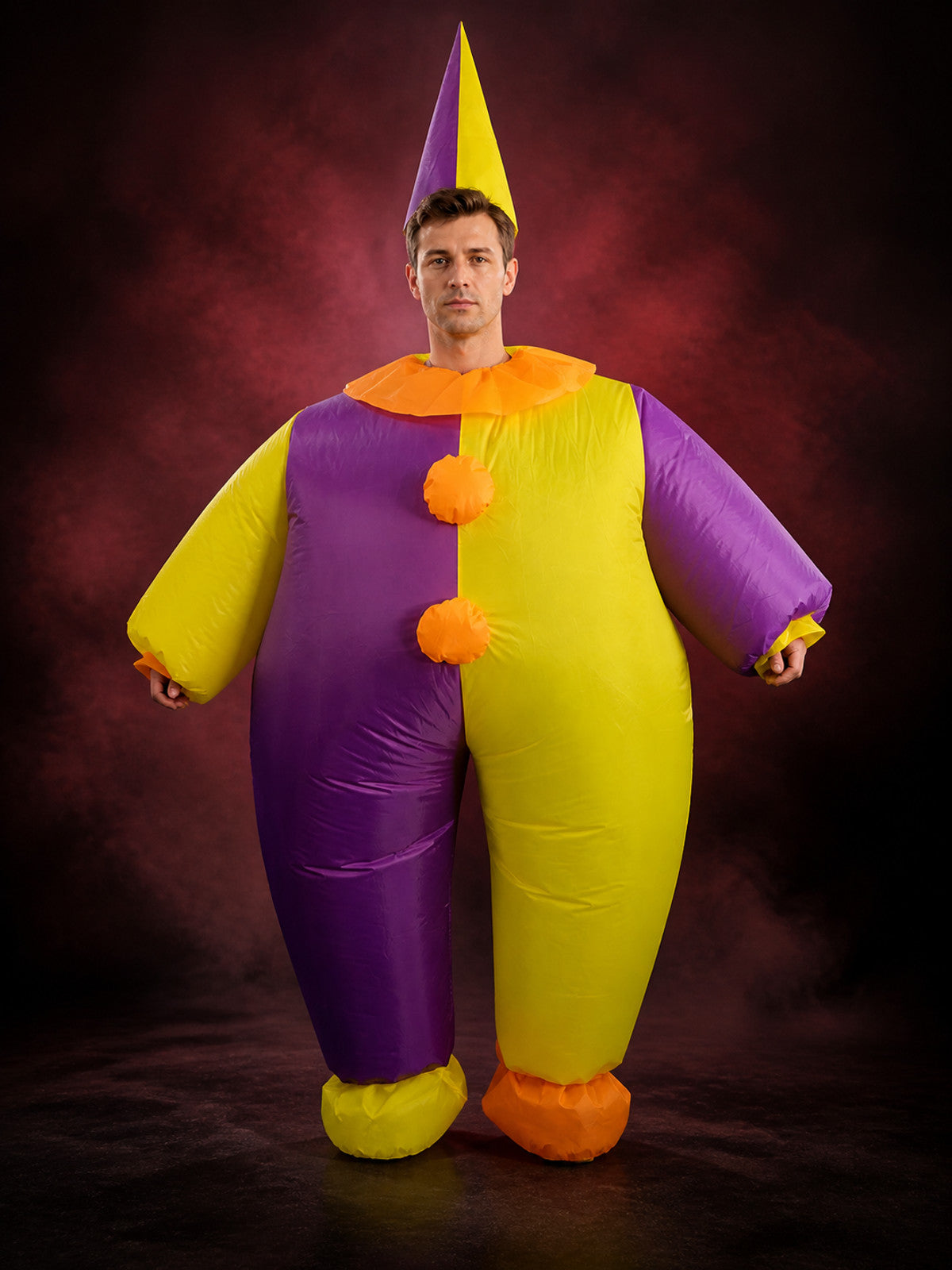 Inflatable Clown Jumpsuit Costume, Purple Yellow Split Color with Orange main product view