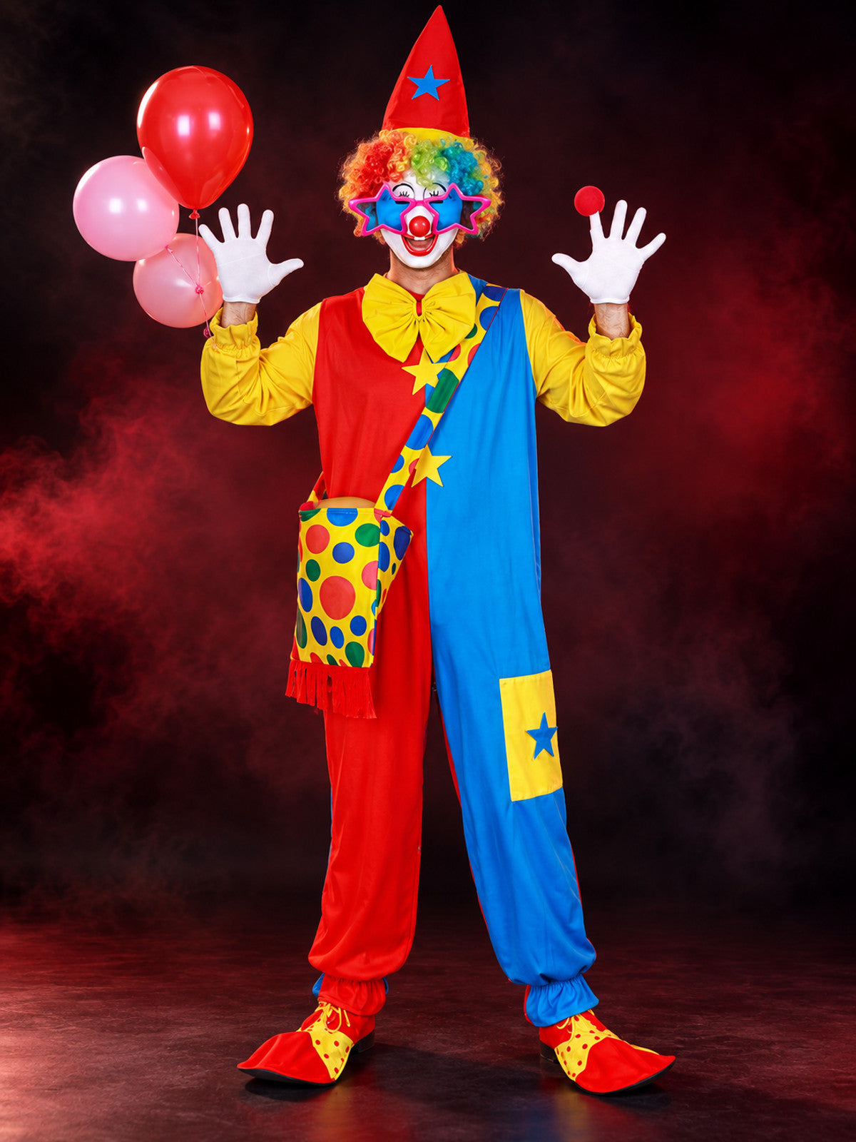 Adult Clown Costume, Red and Blue, with Wig and Mask