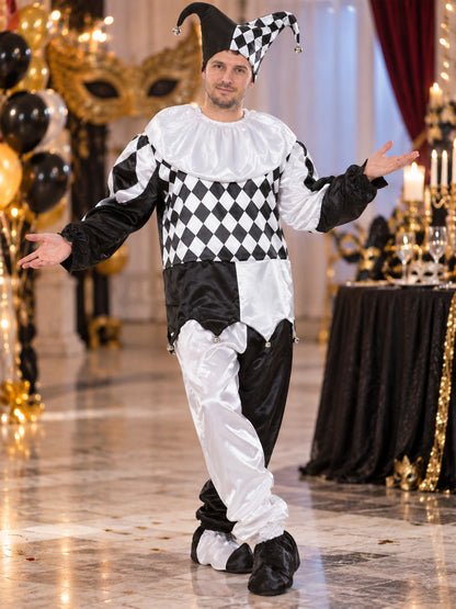 Black and White Clown Costume with Plaid Pattern and Cap