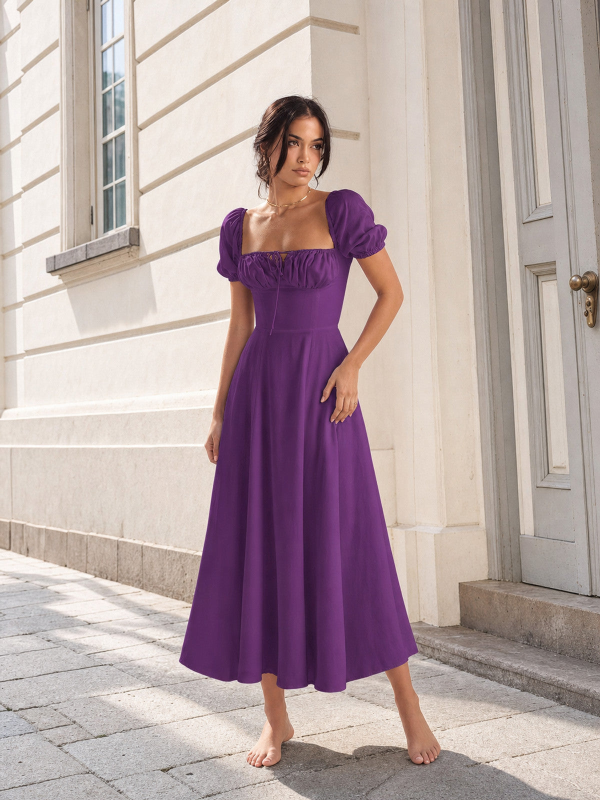 Women's Dress with a Square Neckline and Puff Sleeves
