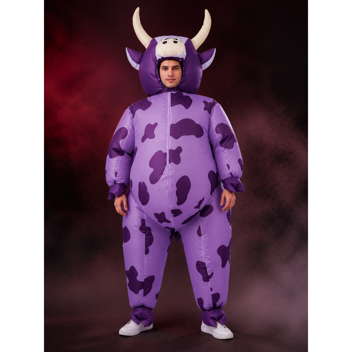 Purple Cow Onesie Costume, Hooded Animal Jumpsuit with Horns for Halloween main product view