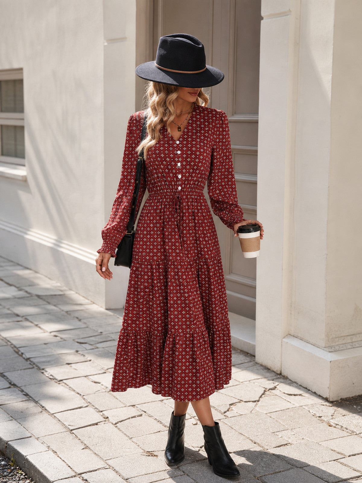 Women's Long Burgundy Dress with Print Costume Dresses detail