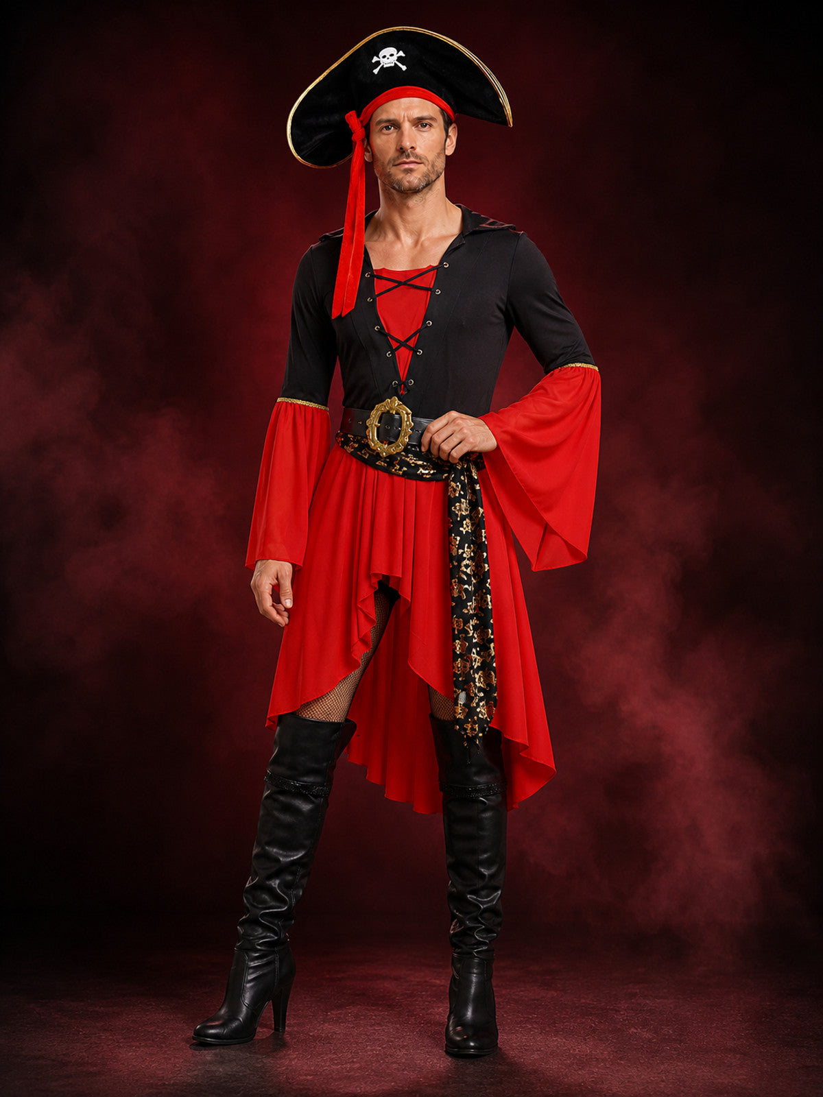 Adult Pirate Costume Set, Long-Sleeve Dress With Hat and Belt, Halloween Outfit main product view