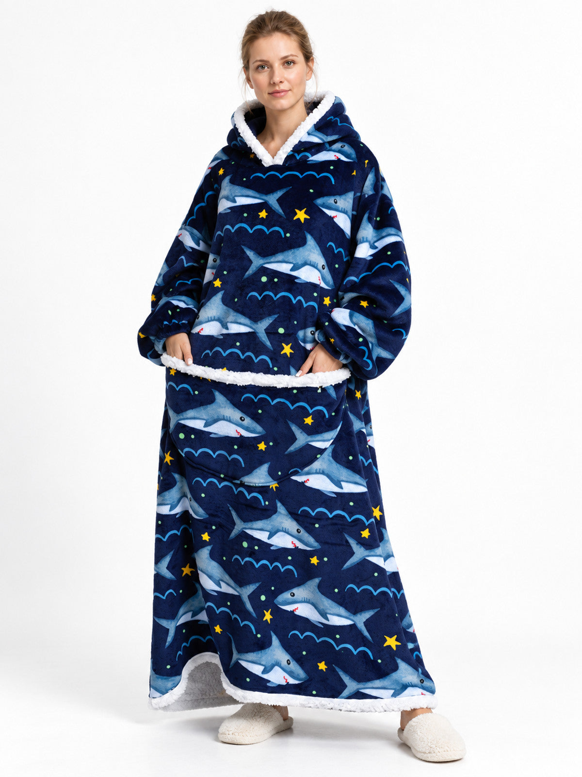 Flannel hooded blanket hoodie with a shark print main product view