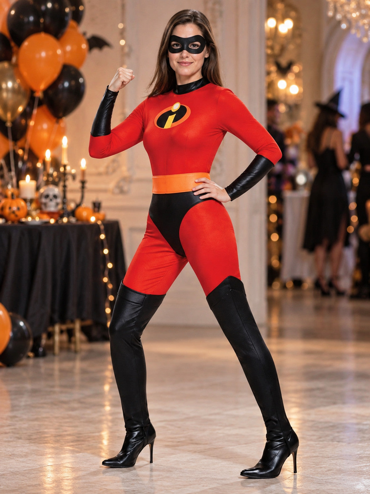 Red superhero costume with mask and belt