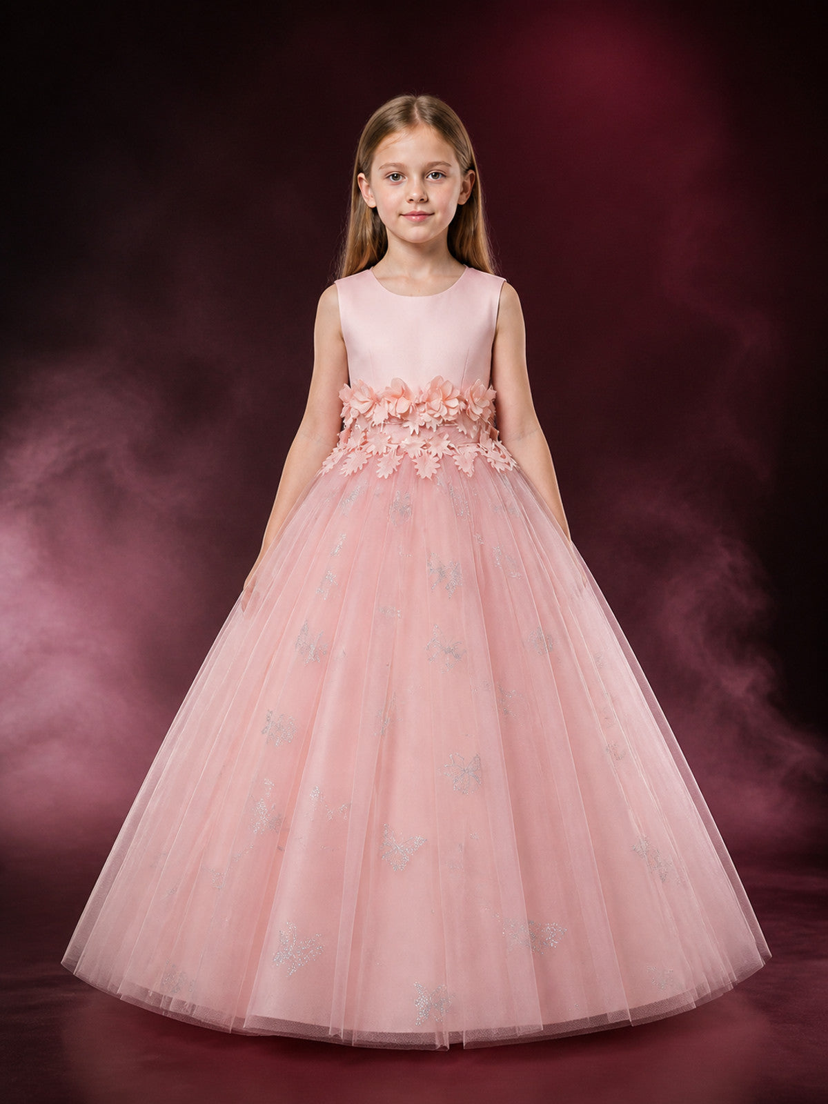 Girls' Pink Princess Flower Girl Dress With Layered Tulle Skirt And Butterfly main product view