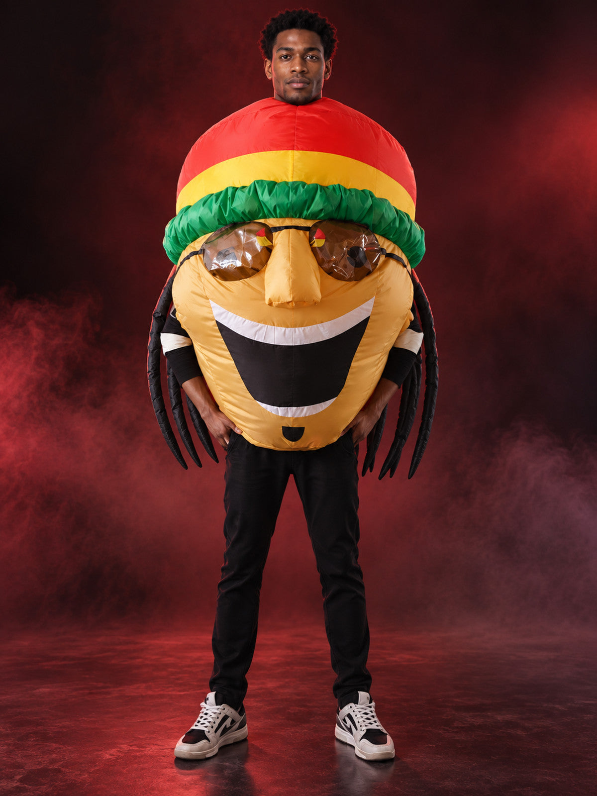 Inflatable carnival costume with fan, hat, and glasses