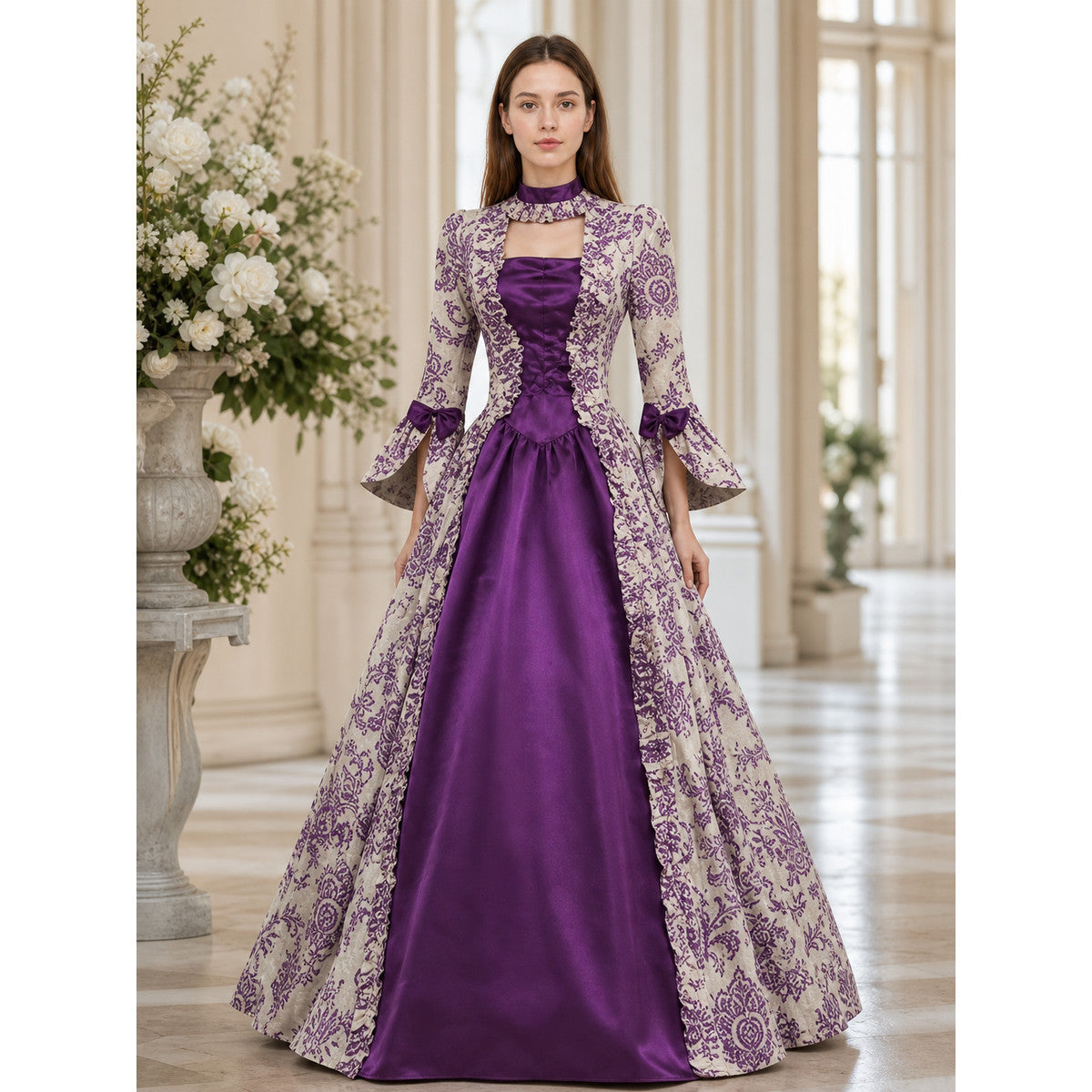 Long-Sleeve Evening Dress with Patterned Bodice