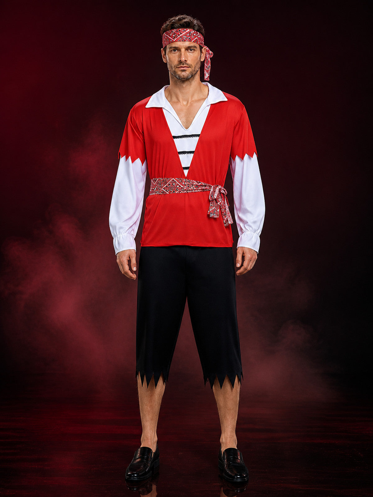 Adult Pirate Halloween Costume Set, Red Long-Sleeve Top, Cropped Pants main product view