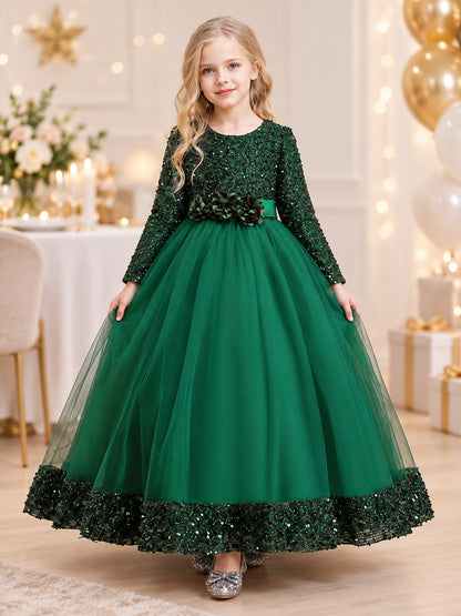 Dark green long dress with sequins and a bow