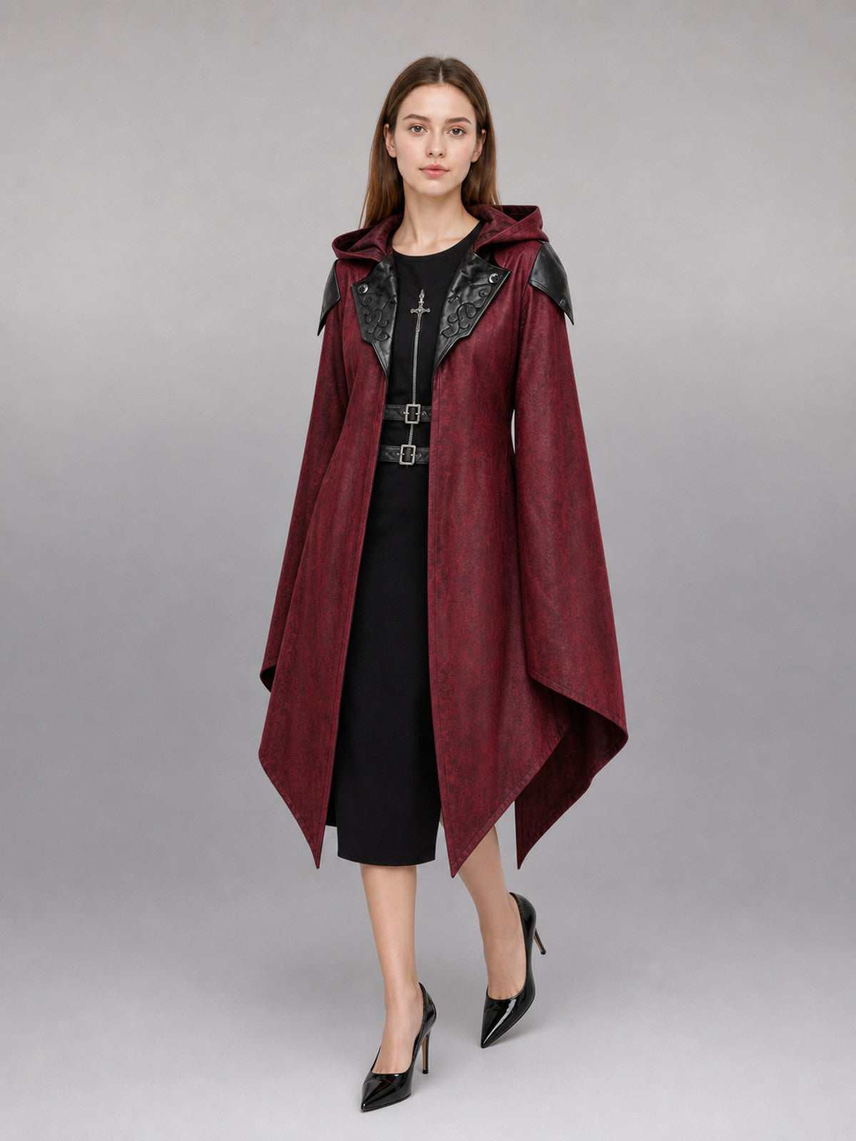 Burgundy Gothic Carnival Cloak with Hood
