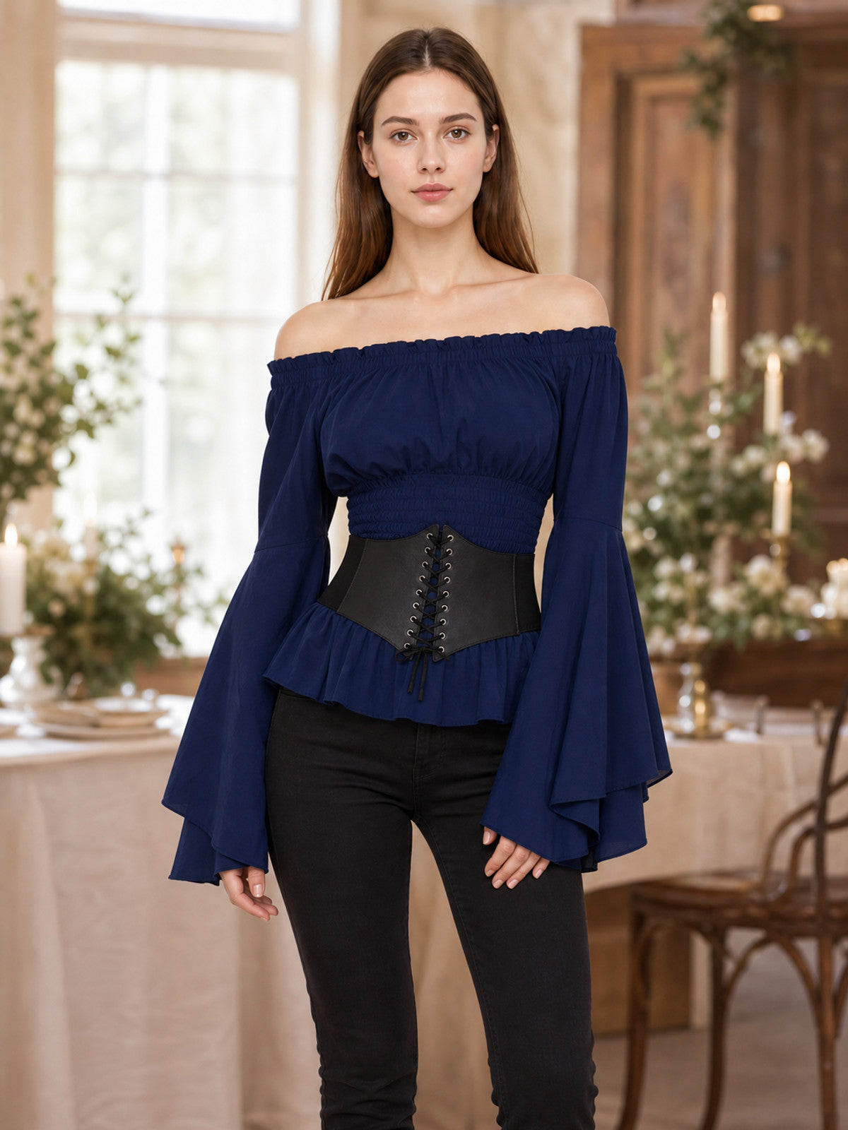 Navy Blue Peplum Blouse with Lace-Up Belt lifestyle view