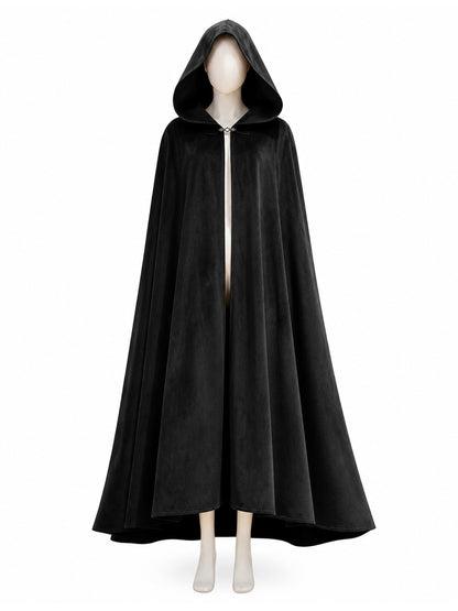 Adult Black Long Hooded Cloak with a Wide Hem
