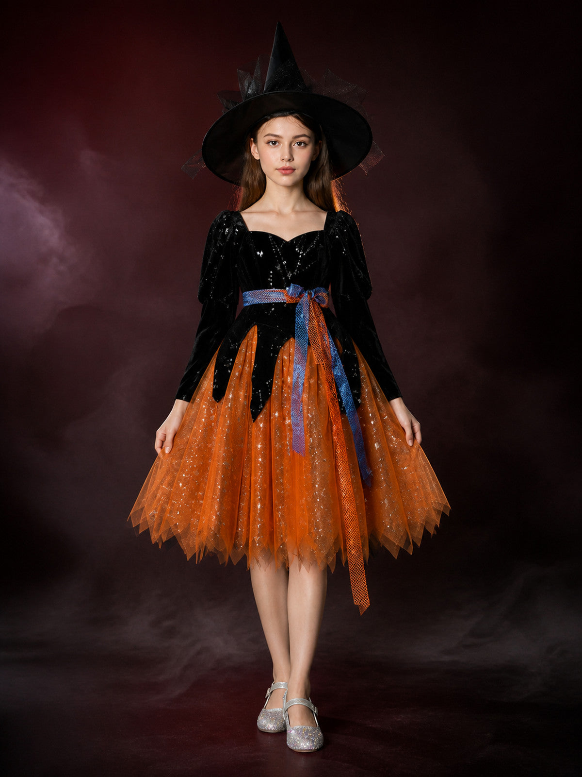 Witch Halloween Costume Set - Glitter Tulle Dress, Bow Belt & Pointed Hat main product view