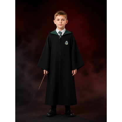 Kids Wizard School Costume, Long Black Robe with Green Trim and Badge main product view