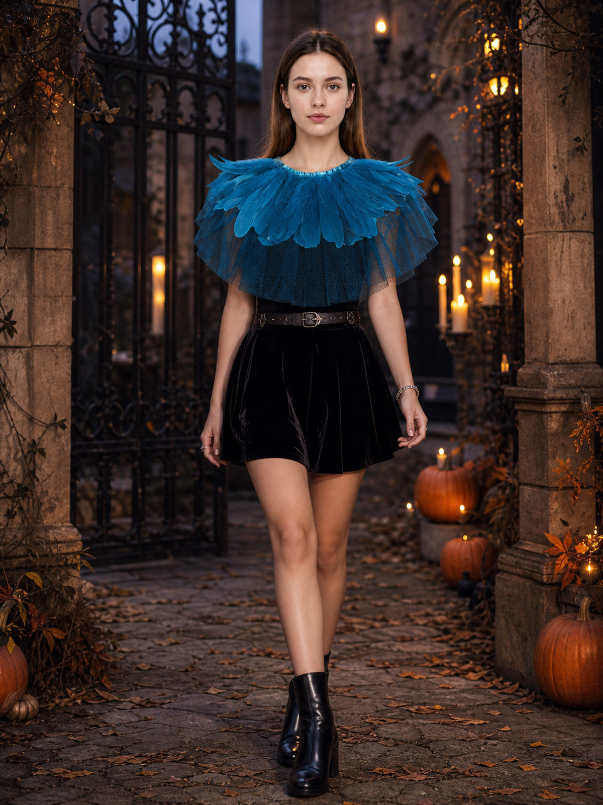 Blue feather and sheer mesh shoulder cape shown on a model in a candlelit outdoor scene with black shorts and ankle boots