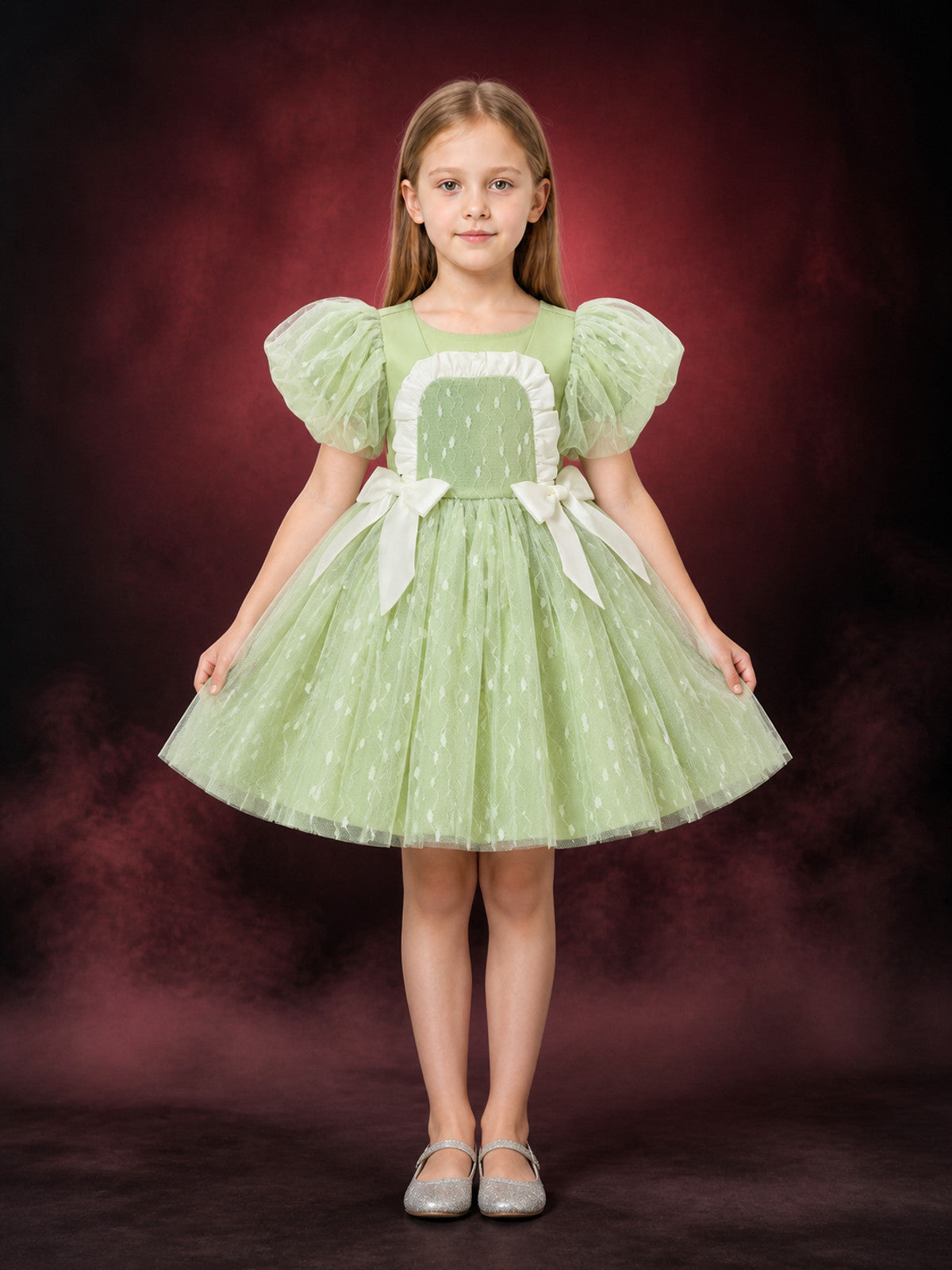 Girls' Light Green Organza Princess Dress, Puff Sleeve Layered Tulle Gown main product view