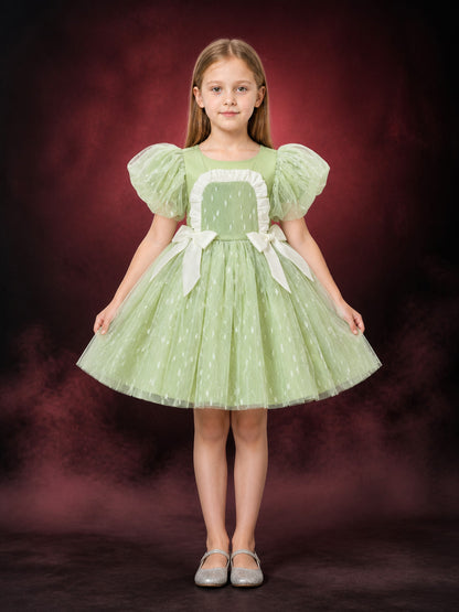 Girls' Light Green Organza Princess Dress, Puff Sleeve Layered Tulle Gown main product view