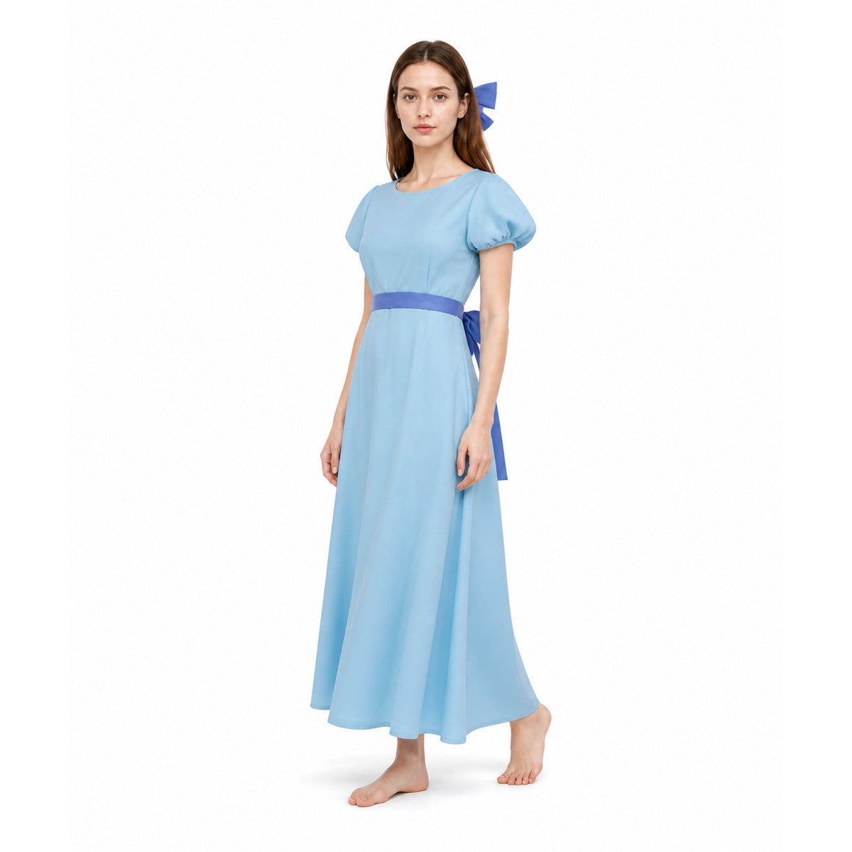 Long Light Blue Dress with Belt and Ties lifestyle view