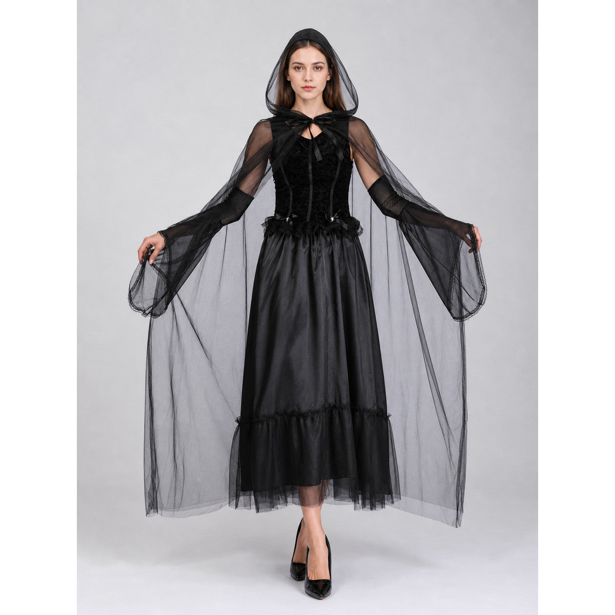 Gothic Carnival Dress with Hooded Cape