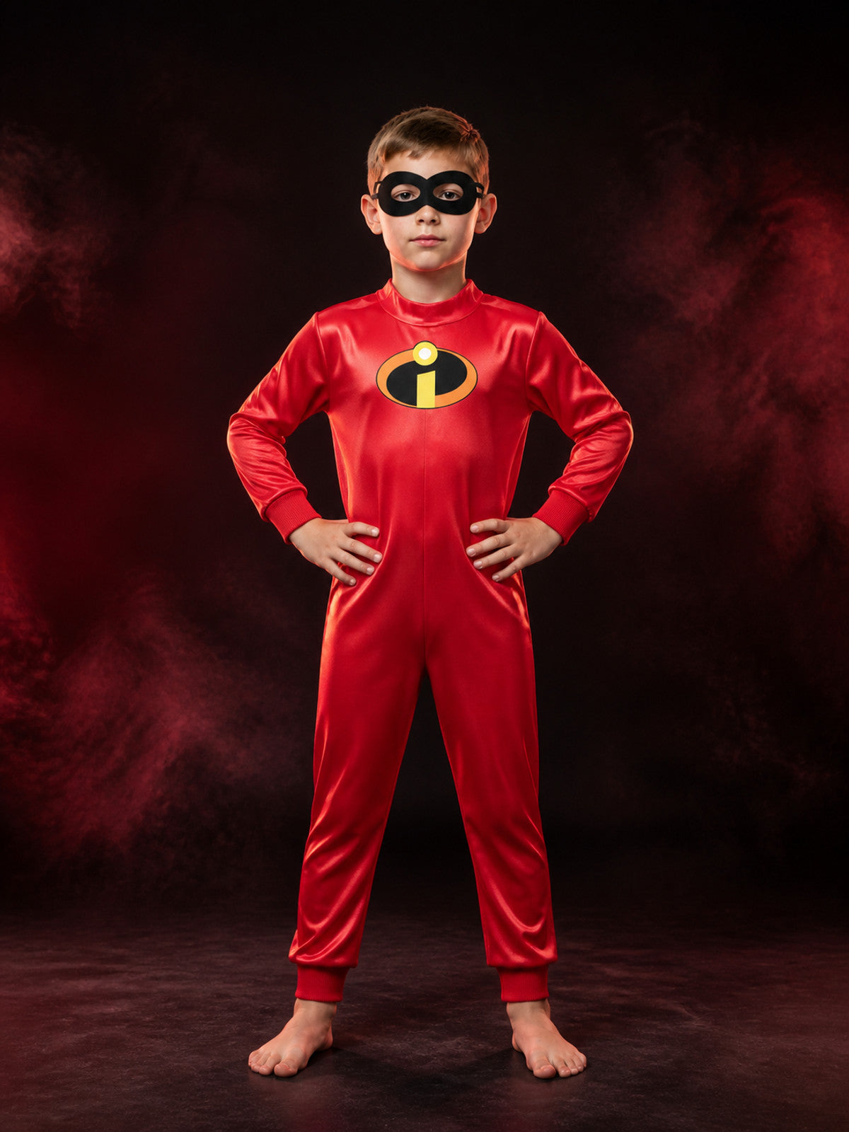 Kids Superhero Bodysuit Costume with Eye Mask, Red Long Sleeve Jumpsuit for main product view