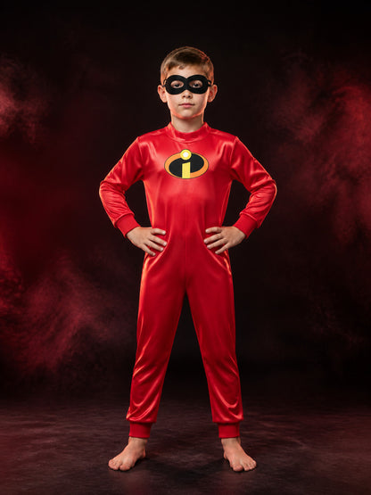 Kids Superhero Bodysuit Costume with Eye Mask, Red Long Sleeve Jumpsuit for main product view