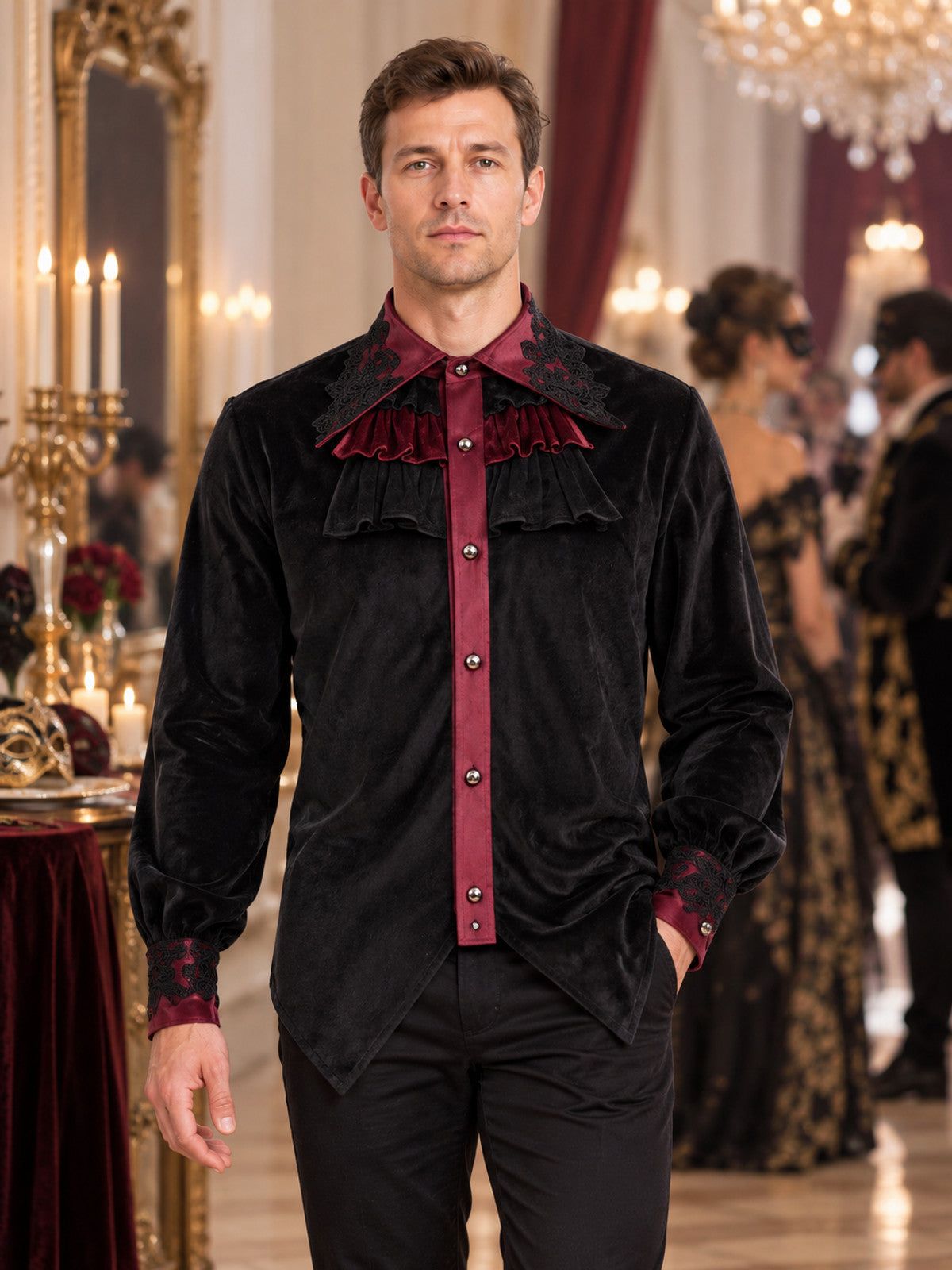 Black shirt with burgundy accents and lace trim
