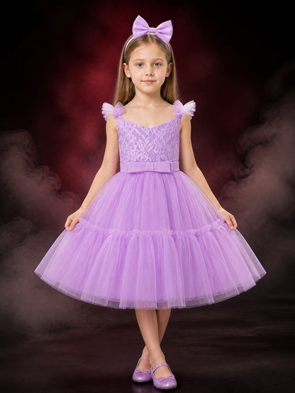 Girls' Purple Princess Dress Set, Sleeveless Lace Bodice, Satin Bow, Layered main product view