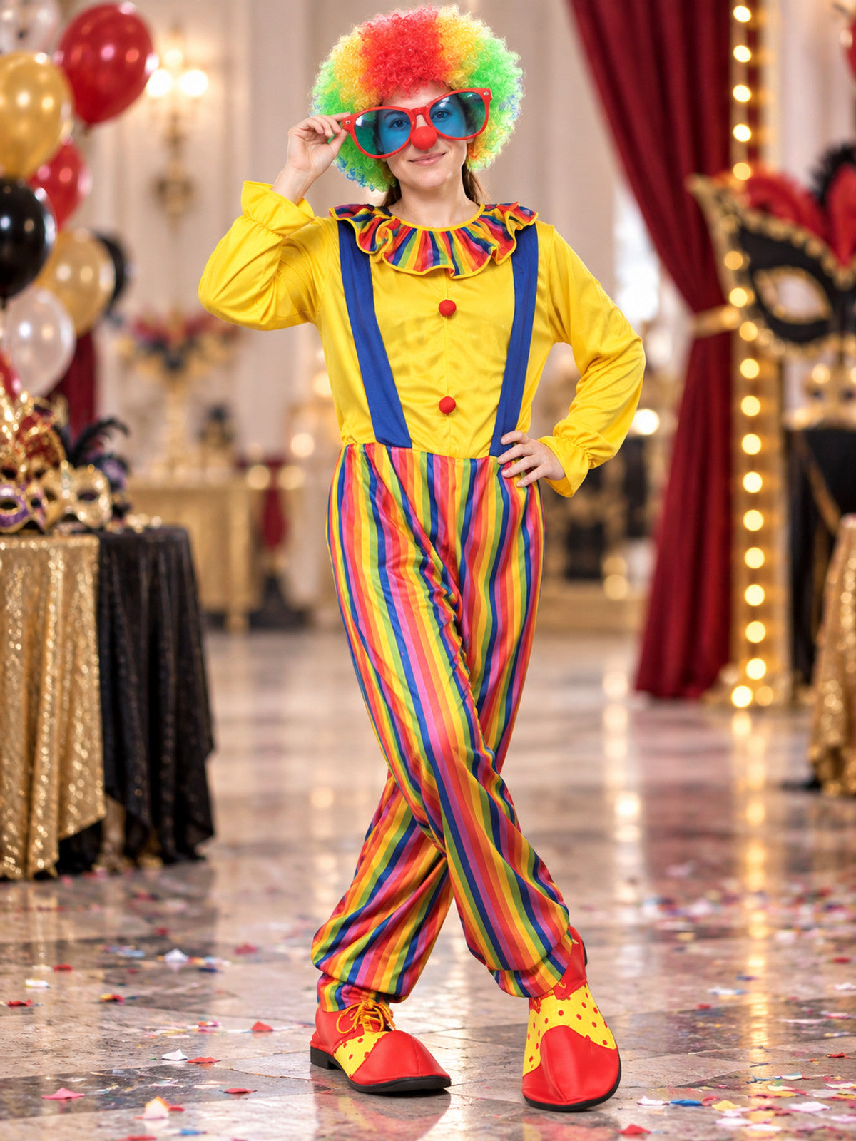 Colorful Clown Costume with Wig, Glasses, and Nose